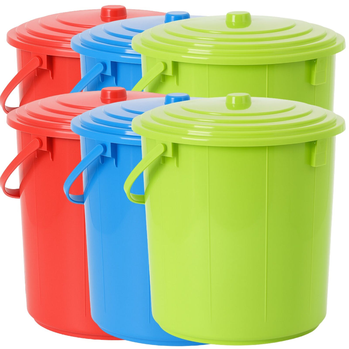 6x Plastic Buckets with Lid & Carry Handle 16L – Assorted Colours (30D x 28H cm)