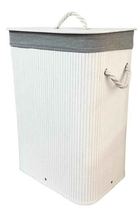 Collapsible Rectangular Bamboo Laundry Basket Clothes Bin Washing Hamper in White