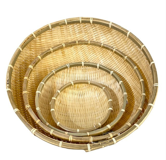 Set of 4 Round Bamboo Serving Bowls - Natural Wood Food Trays