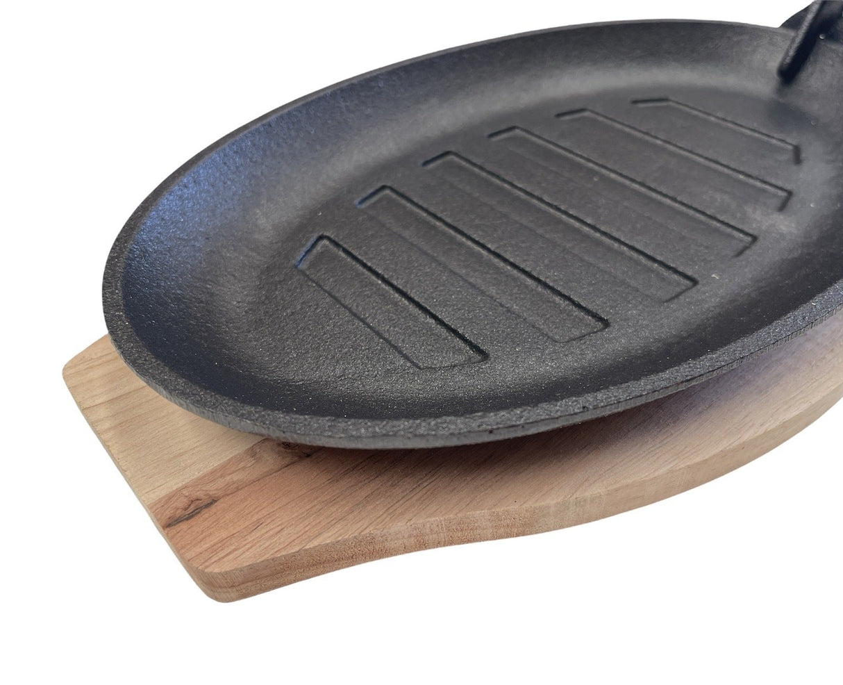 Steak Sizzle Cast Iron Plate w/ Wooden Base & Handle - Serving Platter