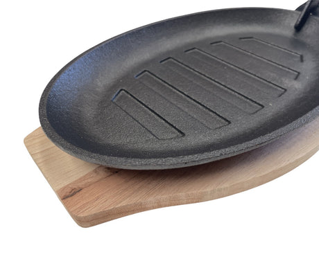Steak Sizzle Plate Cast Iron Sizzling Platter Serving Plate Wooden Base + Handle