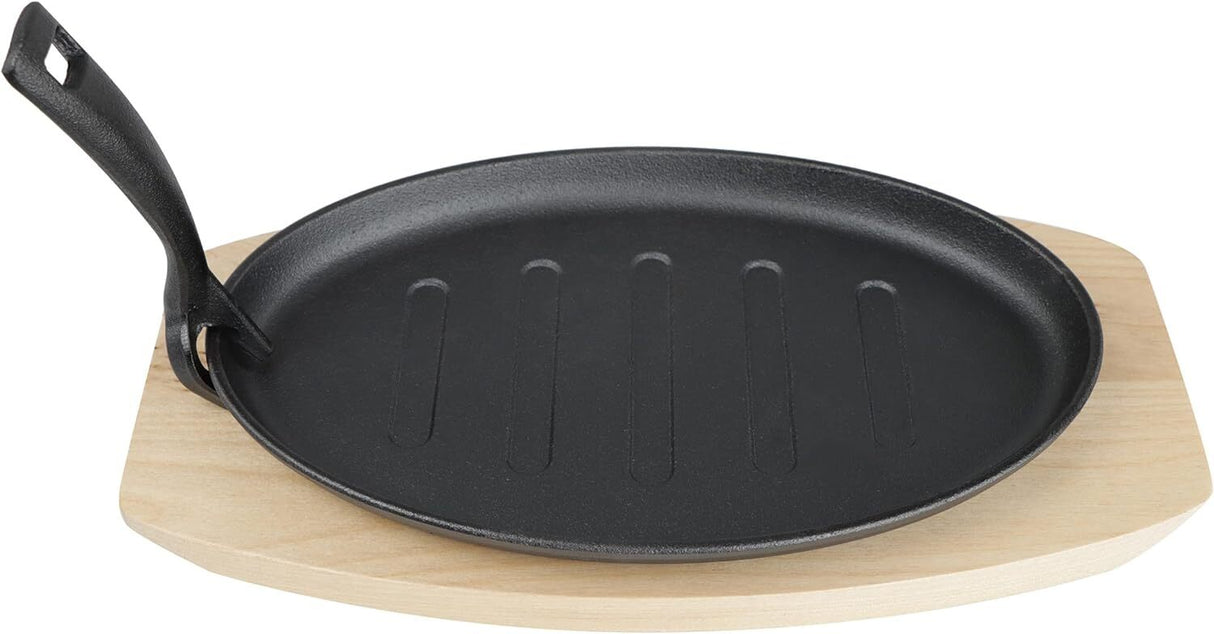 Steak Sizzle Cast Iron Plate w/ Wooden Base & Handle - Serving Platter