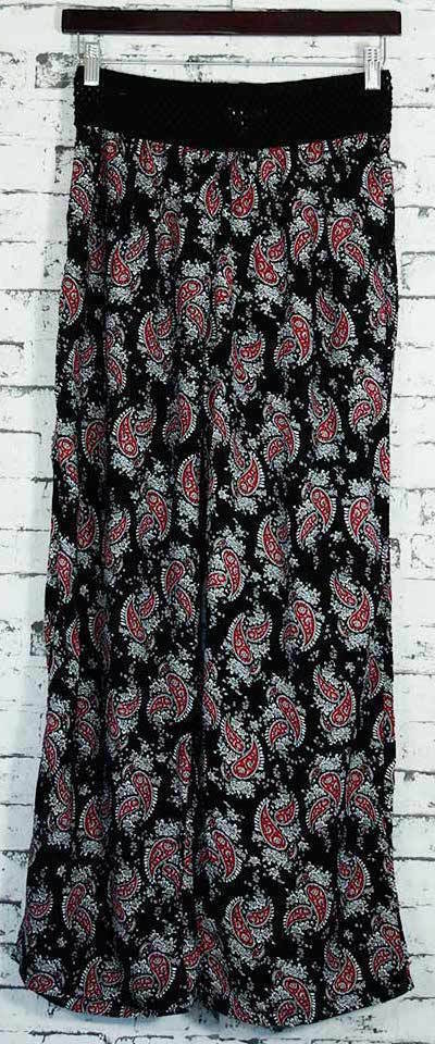 Womens Crotchet Waist Yoga Harem Pants Palazzo Lounge Ladies Trousers Yoga Loose - Paisley Daisy (Black/White/Red)
