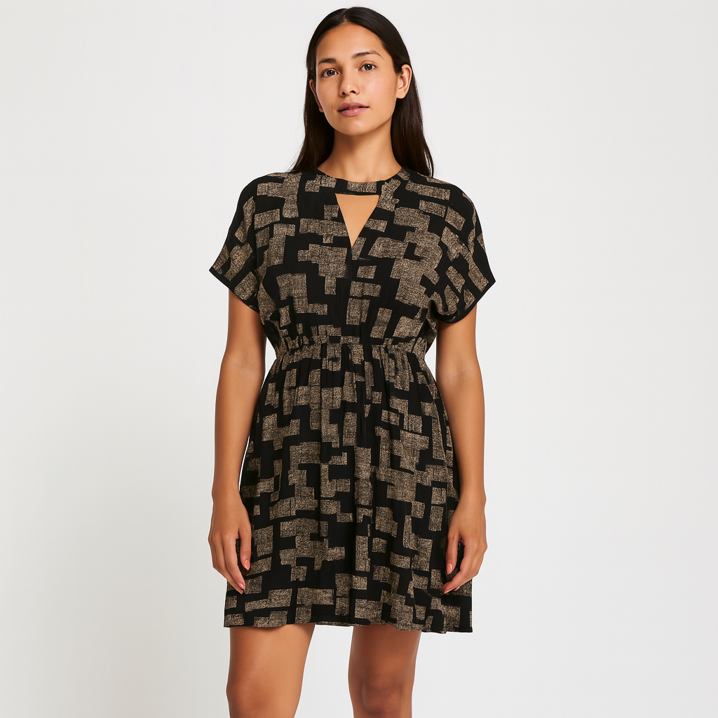 Womens Viscose Above Knee Summer Dress w/ Neck Cut Out Detail in Amayah Black