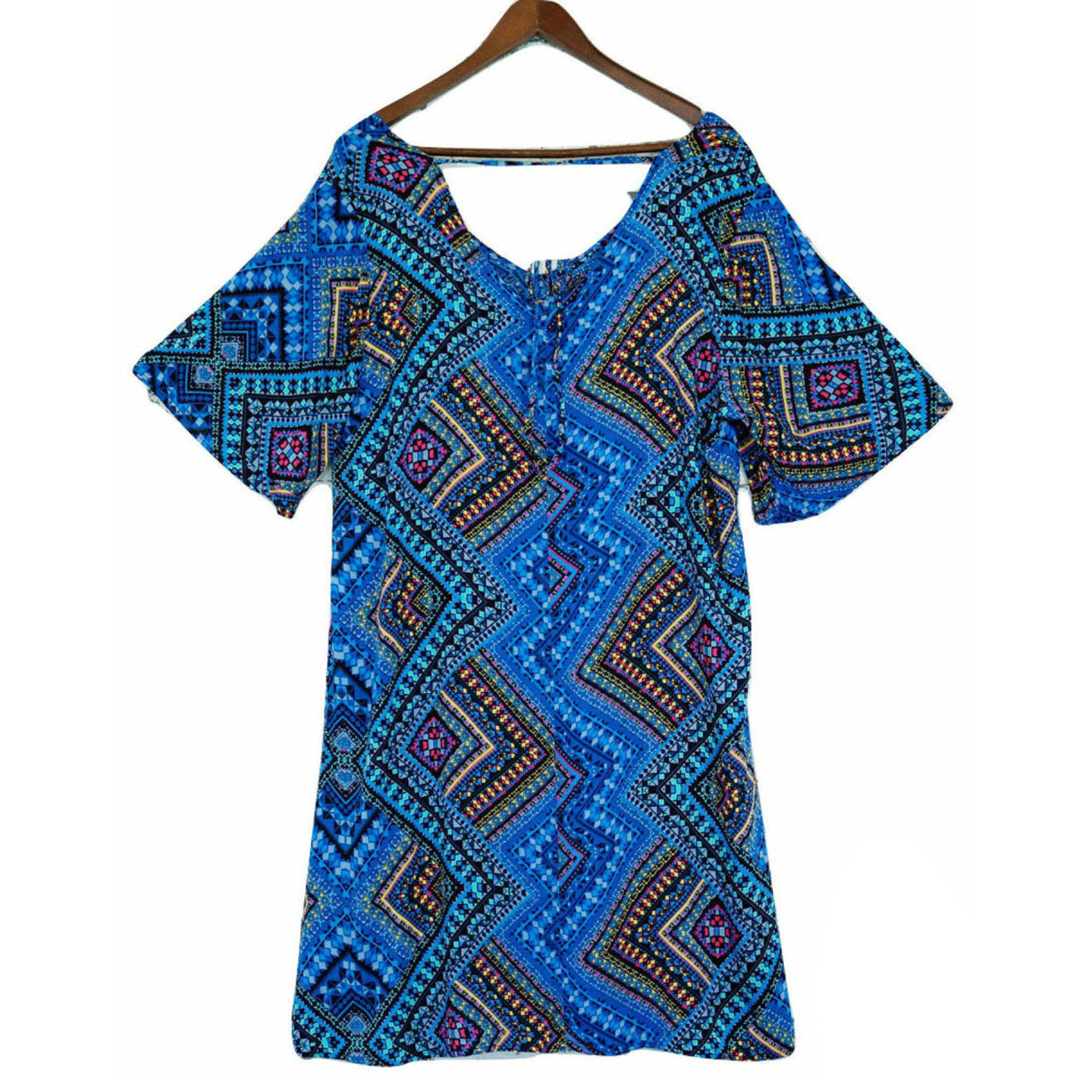 Plus size V-Neck Printed Open Hem Dress Sleeve King Tall Bohemian - Foulard Blue