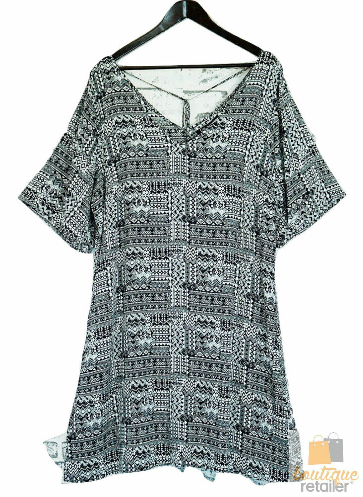 Plus size V-Neck Printed Open Hem Dress Sleeve King Tall Bohemian - My Tribe Black