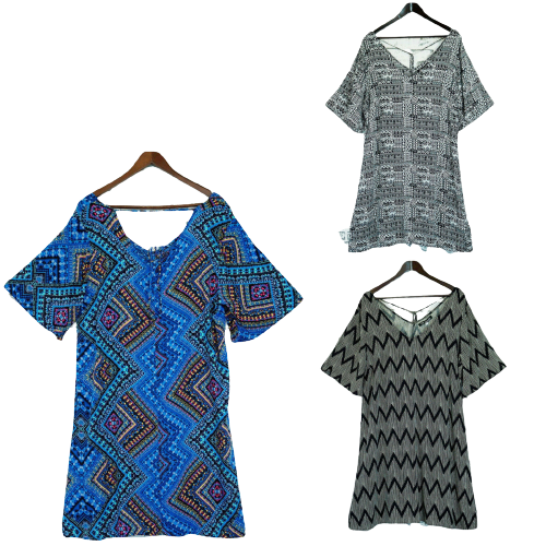 Plus size V-Neck Printed Open Hem Dress Sleeve King Tall Bohemian - Foulard Blue