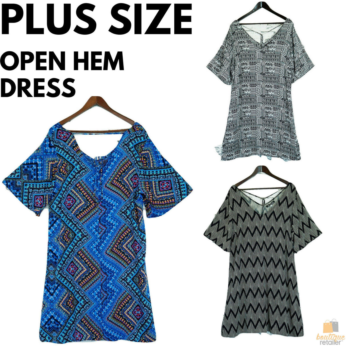 Plus size V-Neck Printed Open Hem Dress Sleeve King Tall Bohemian - My Tribe Black