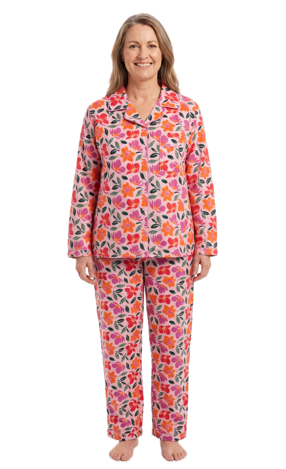 Womens 100% Cotton Flannelette Pyjama Set - Jaclyn Print Pink (Two Piece Top & Pants PJs)