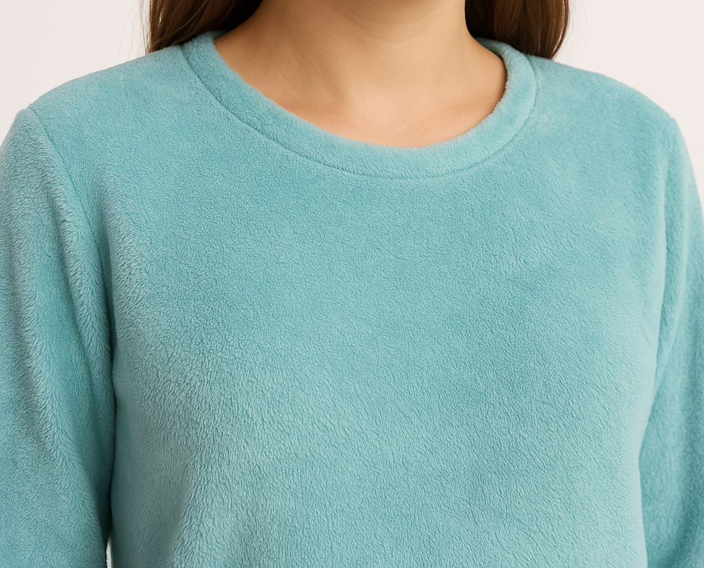 Womens Coral Fleece Soft Plush Fur Pyjama Set PJs Top & Bottom in Pastel Blue