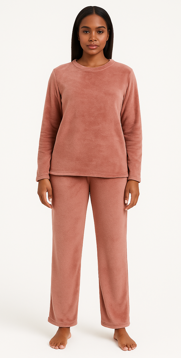 Womens Coral Fleece Soft Fur Pyjama Set - Pastel Pink (Top & Bottom Plush PJs)