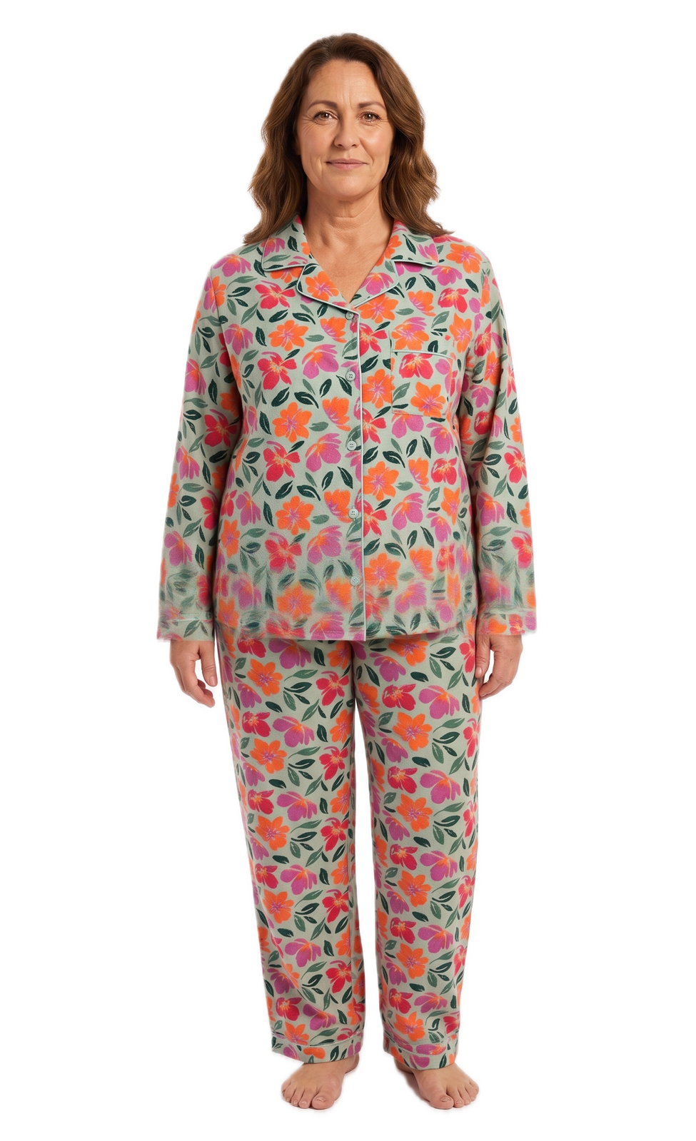 Womens Plus Size 100% Cotton Flannelette Pyjama Set - Jaclyn Print Mint (Two Piece Soft PJs)
