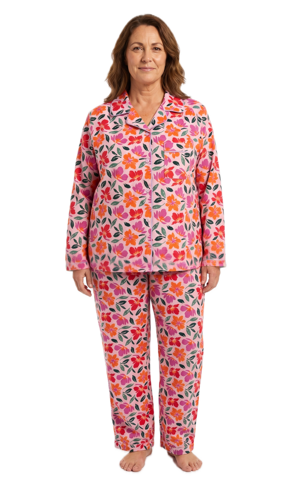 Womens Plus Size 100% Cotton Flannelette Pyjama Set - Jaclyn Print Pink (Two Piece Soft PJs)