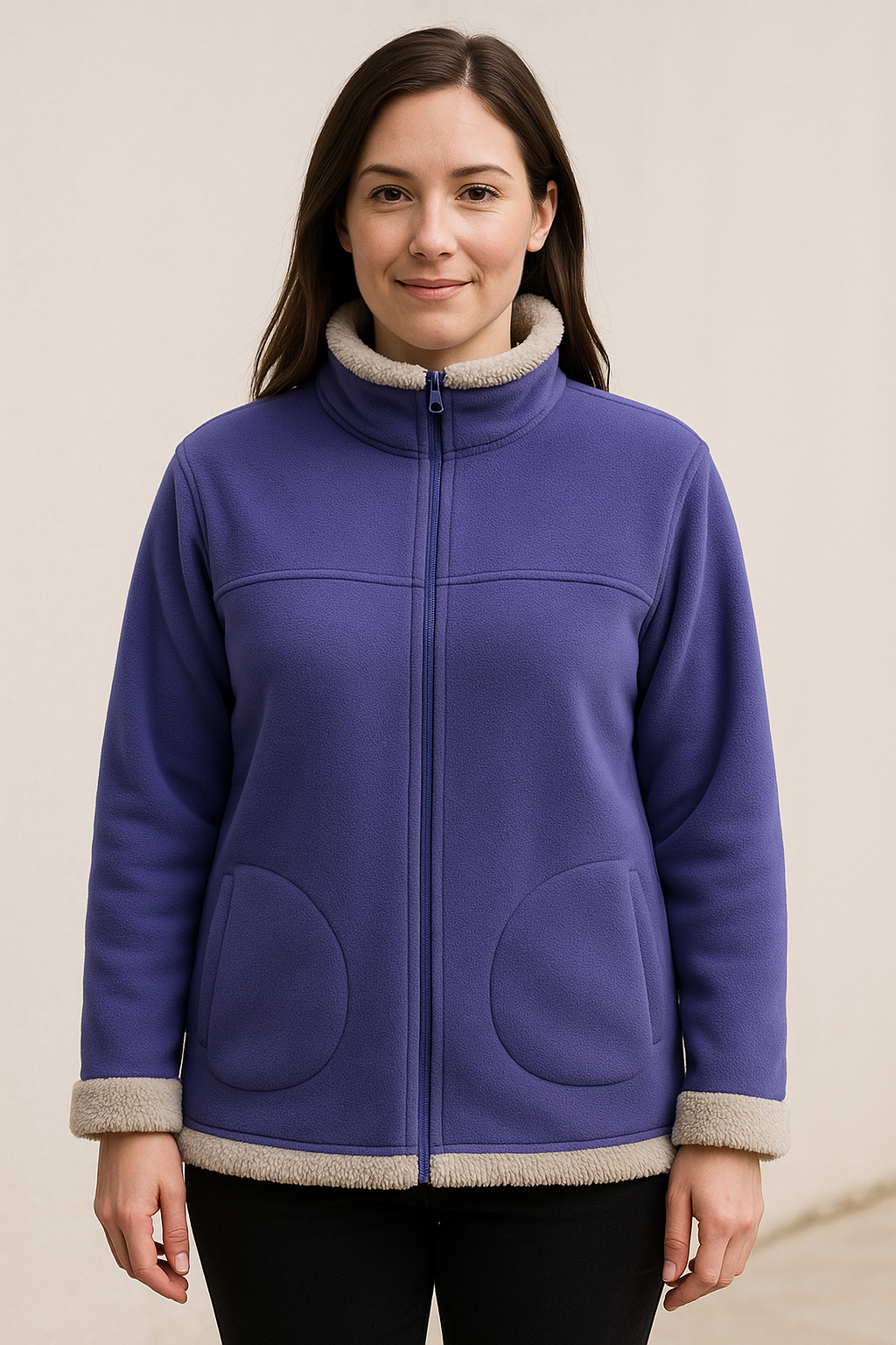 Womens Fur Trimmed Coral Fleece Zip Up Jacket Jumper in Blue