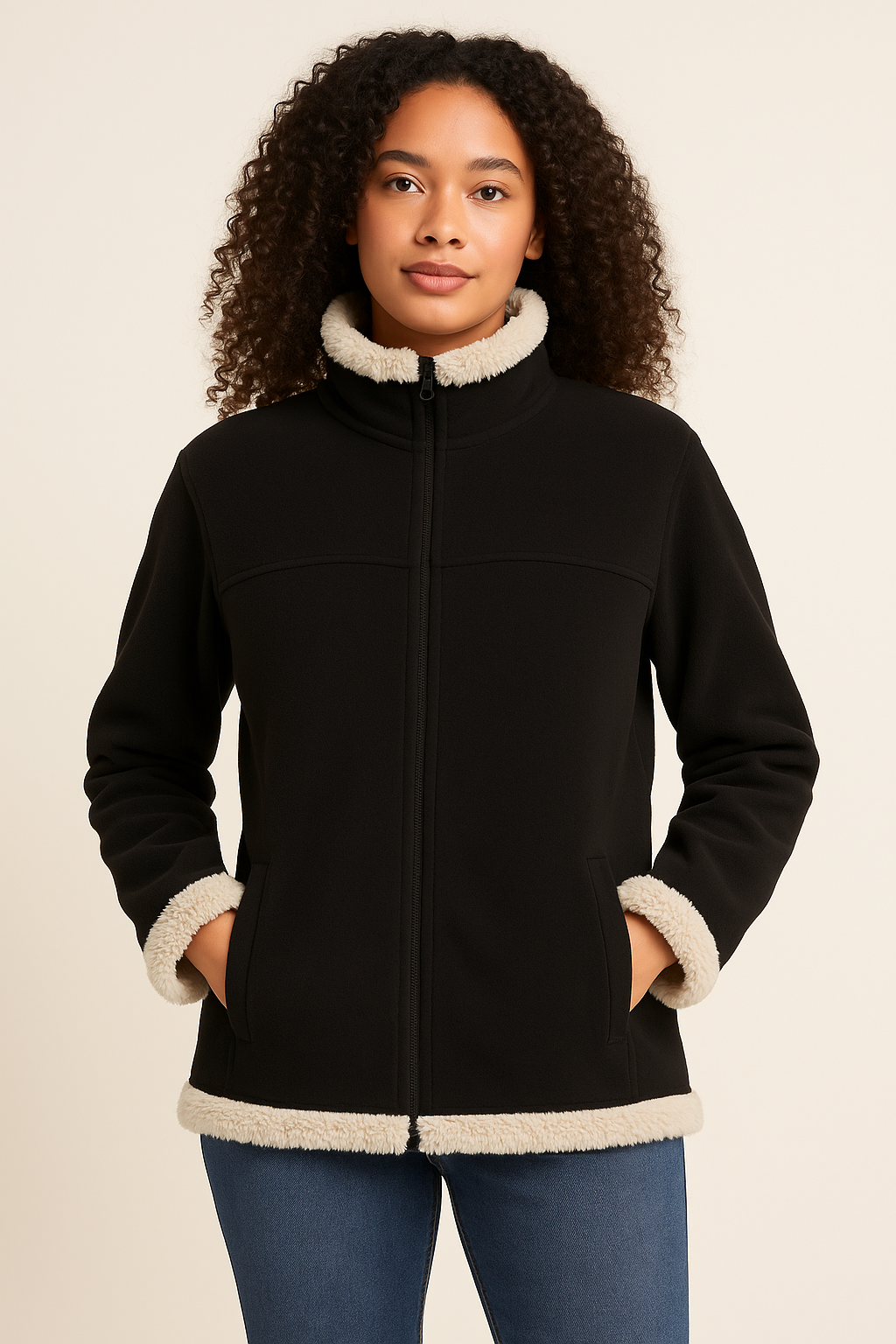 Womens Fur Trimmed Coral Fleece Zip Up Jacket Jumper in Black