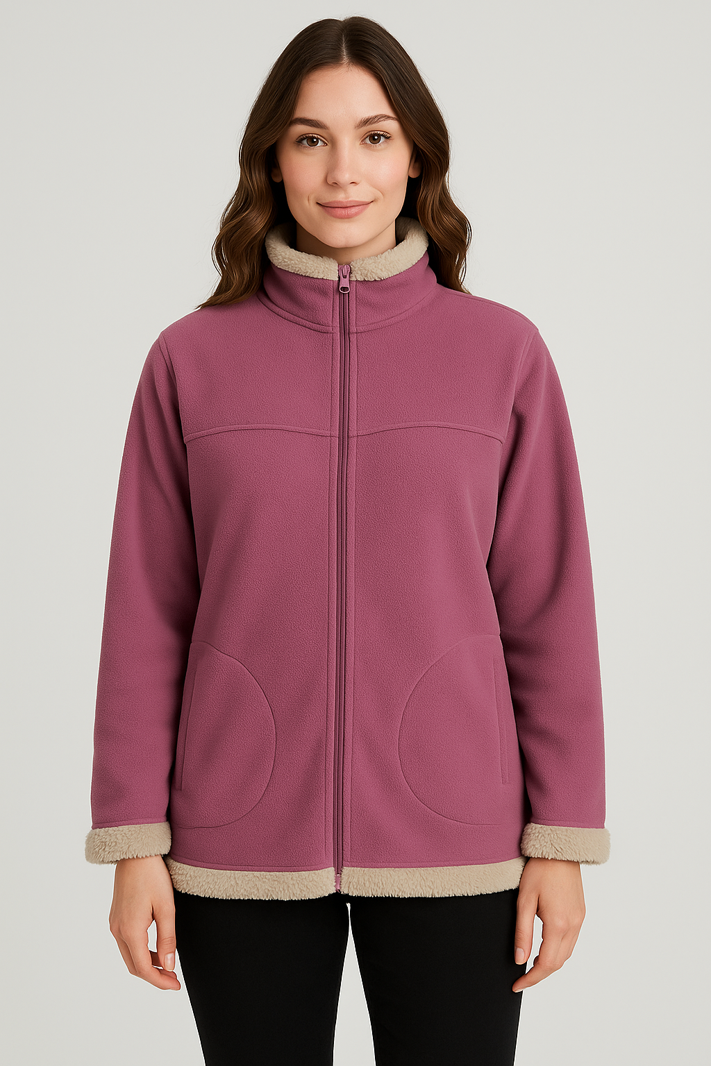 Womens Fur Trimmed Coral Fleece Zip Up Jacket Jumper in Mauve