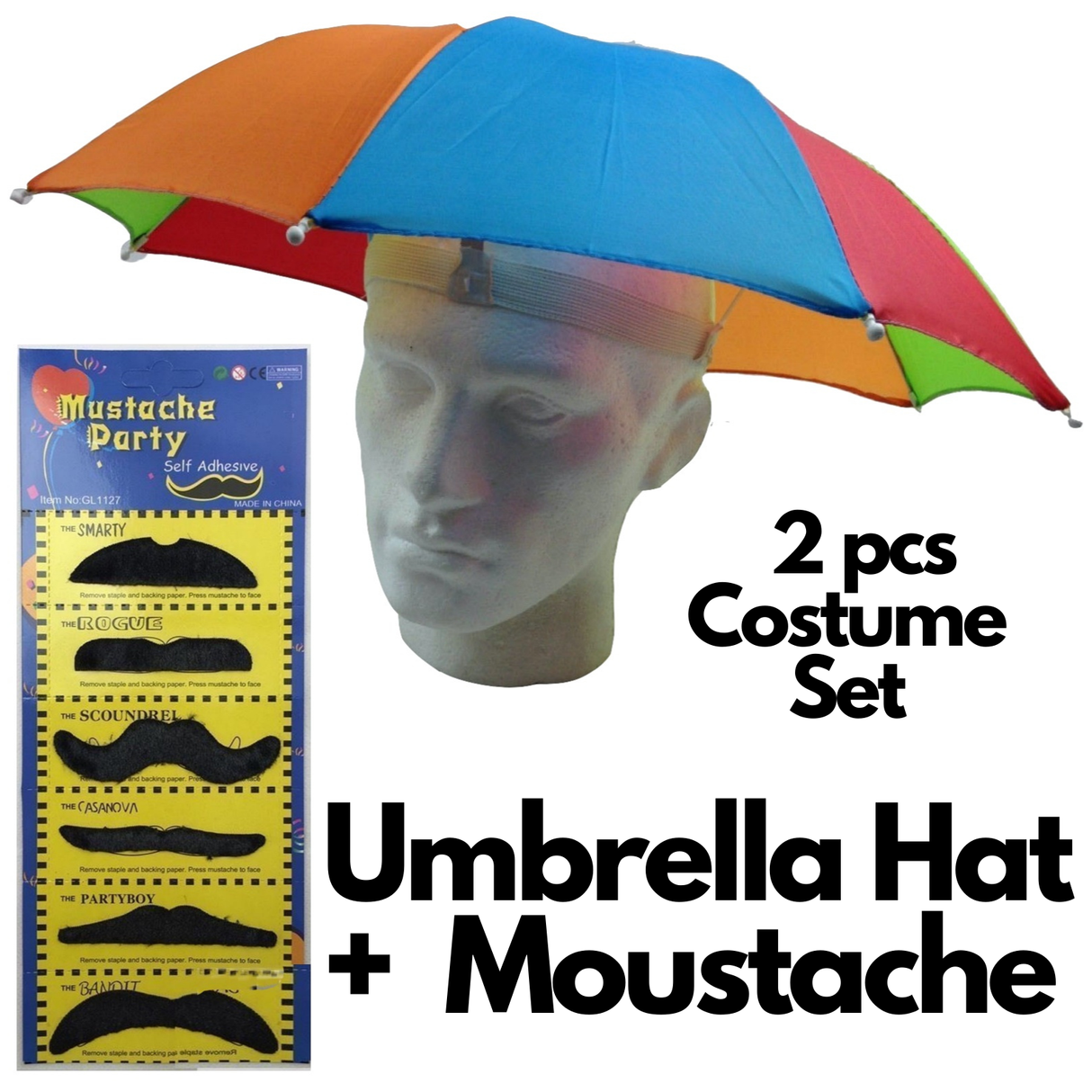 2pcs Rainbow Umbrella Hat + 70s Fake Moustache Set - Novelty Costume Props (Fancy Dress)