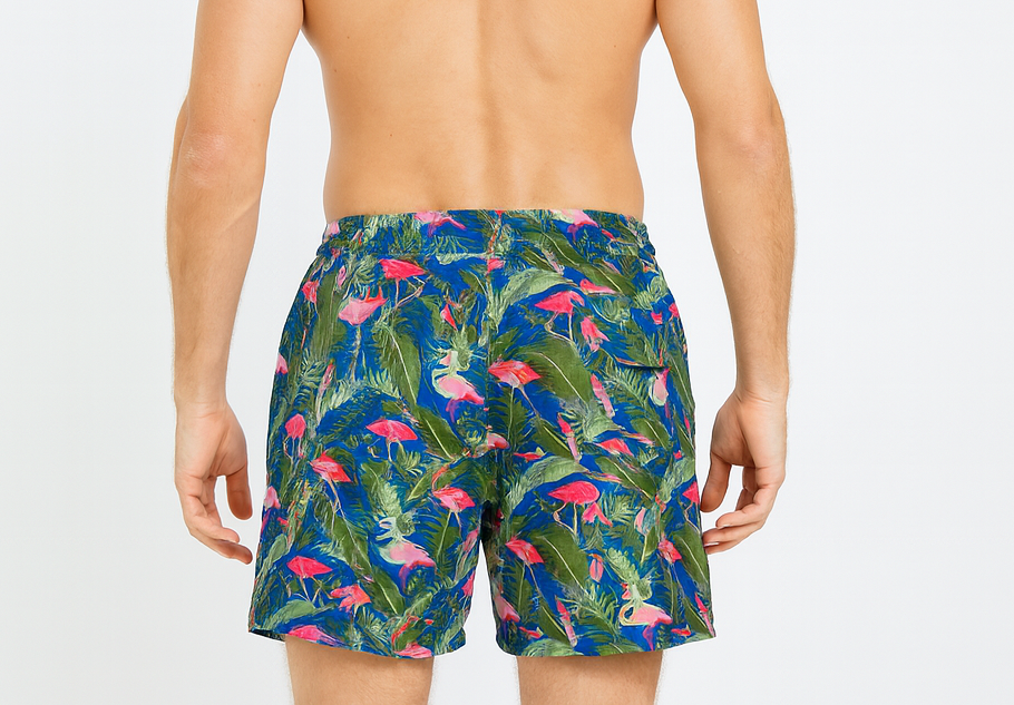 Mens Hawaiian Board Shorts in Prancing Flamingo Print - Green