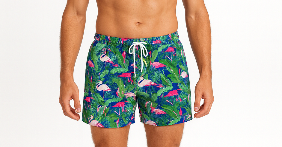 Mens Hawaiian Board Shorts in Prancing Flamingo Print - Green