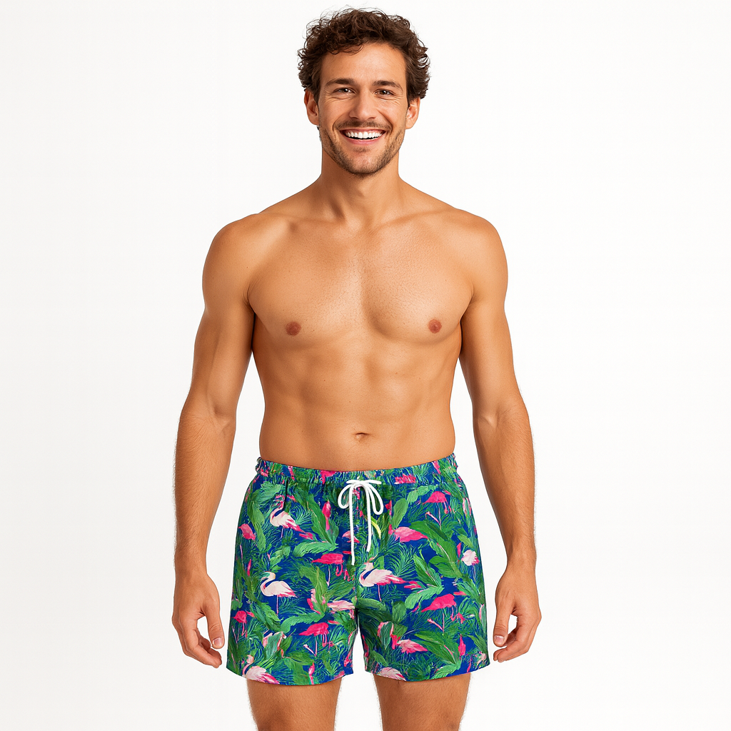 Mens Hawaiian Board Shorts in Prancing Flamingo Print - Green