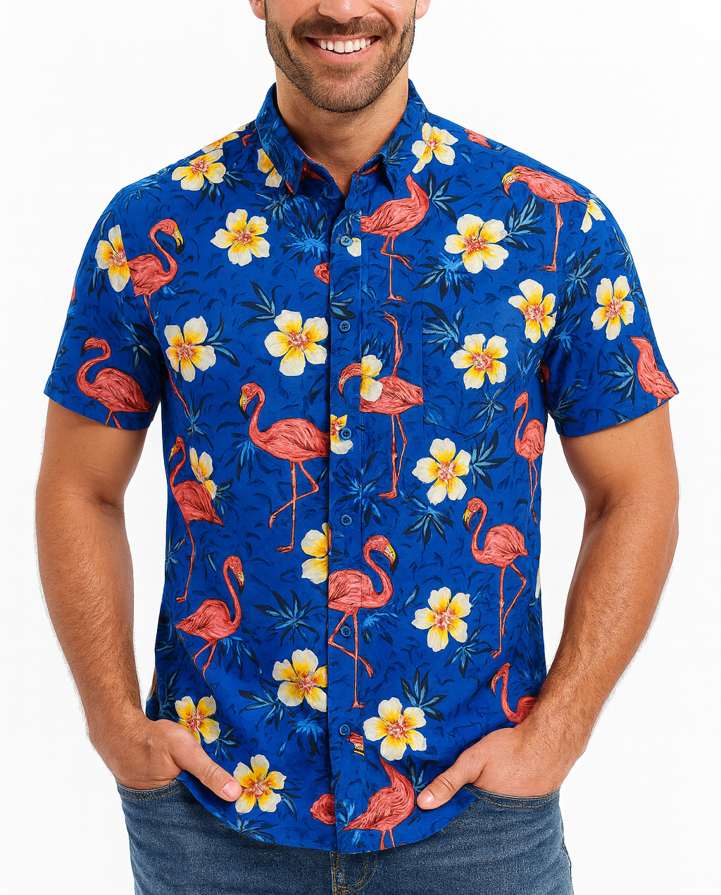 Mens 100% Cotton Hawaiian Short Sleeve Shirt - Blue Flamingo Print