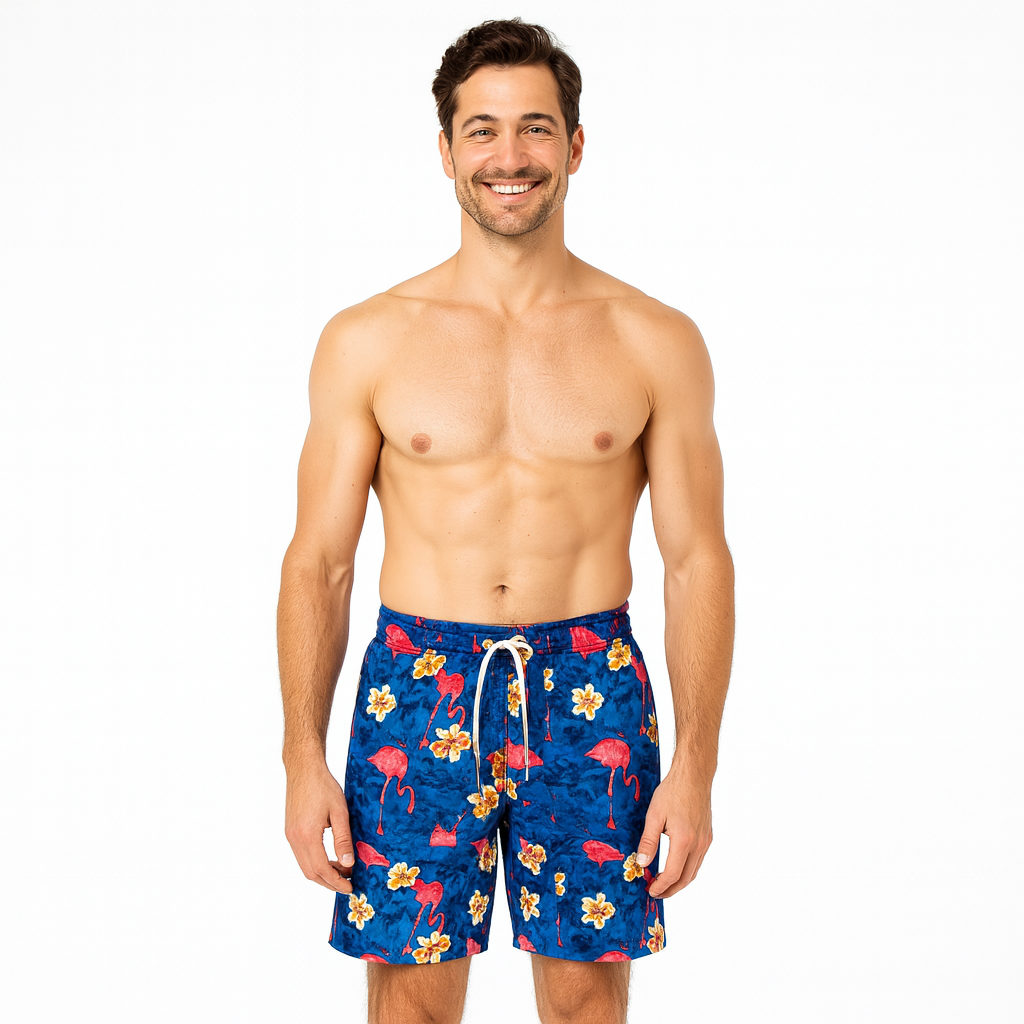 Mens Hawaiian Summer Board Shorts in Flamingo Blue Print