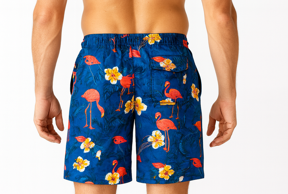 Mens Hawaiian Summer Board Shorts in Flamingo Blue Print