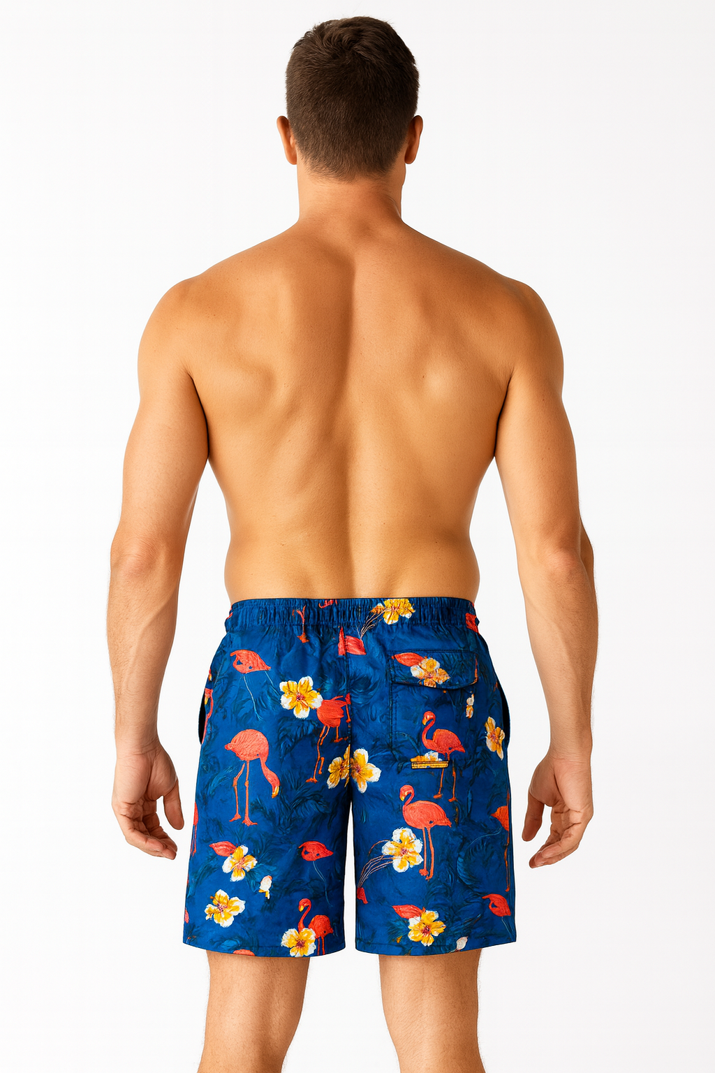 Mens Hawaiian Summer Board Shorts in Flamingo Blue Print