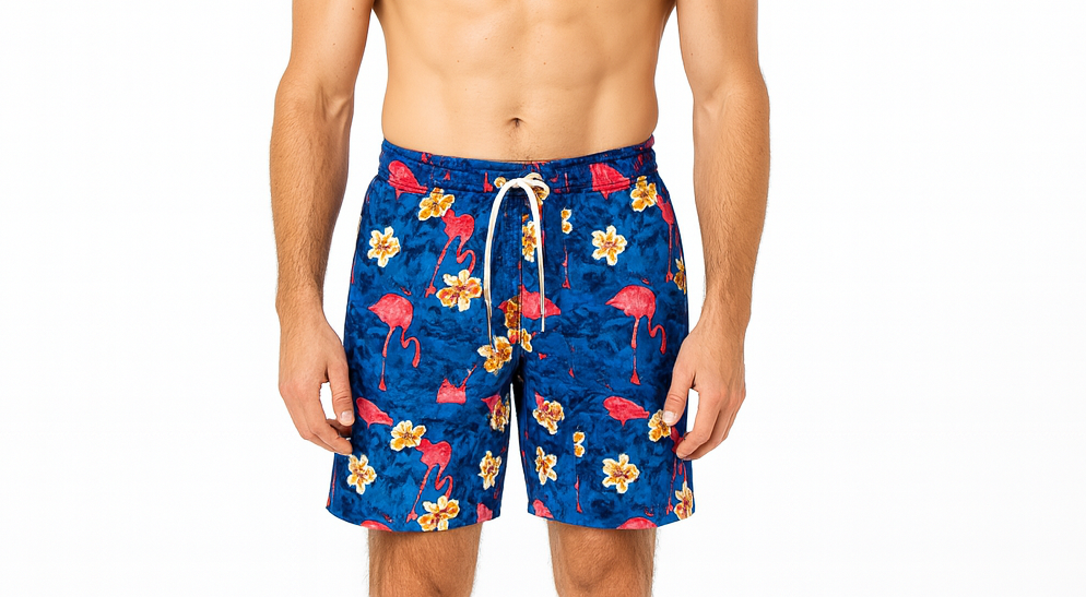 Mens Hawaiian Summer Board Shorts in Flamingo Blue Print