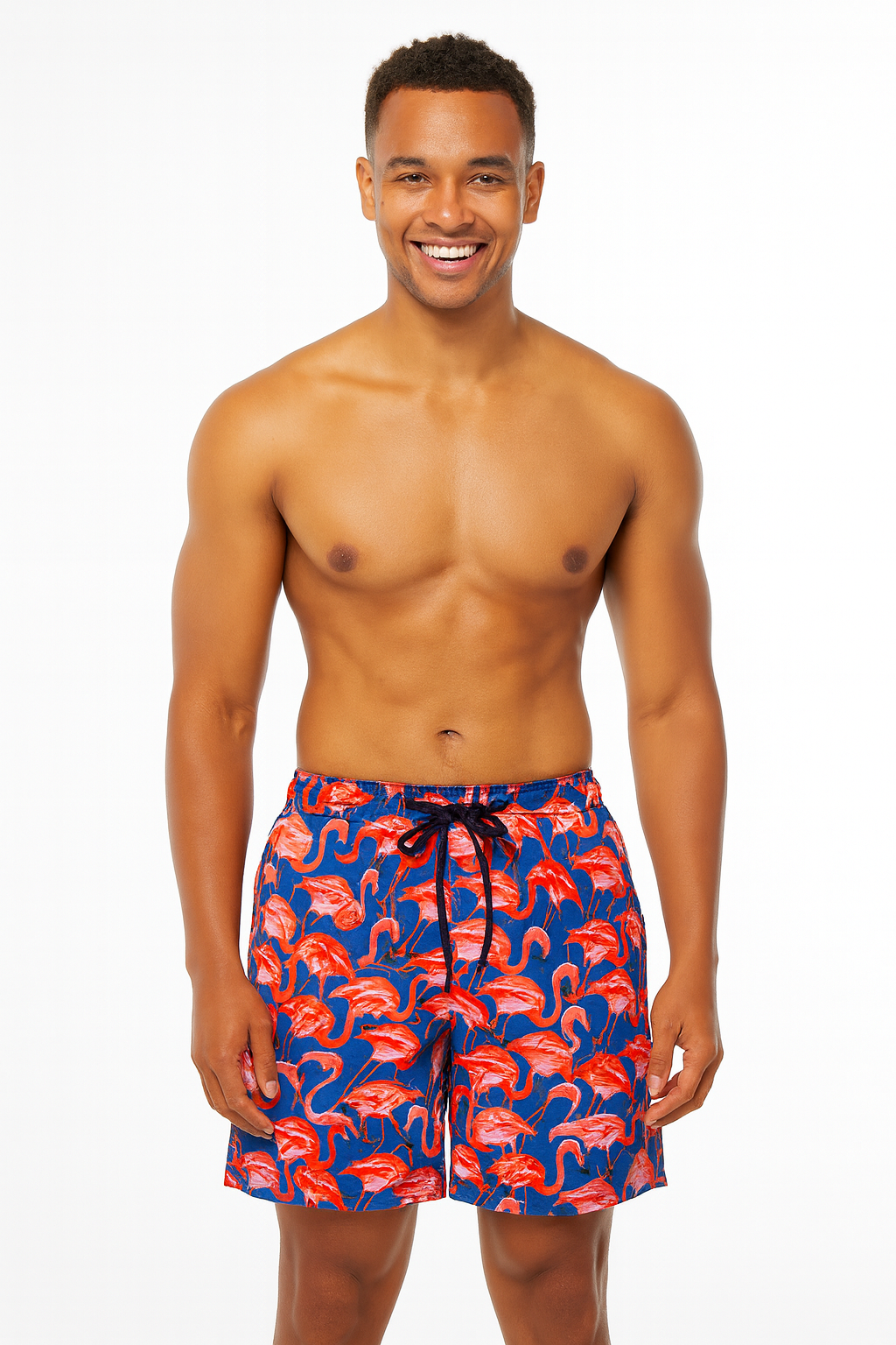 Mens Hawaiian Summer Board Shorts in Flamingo Frenzi Print - Red/Blue