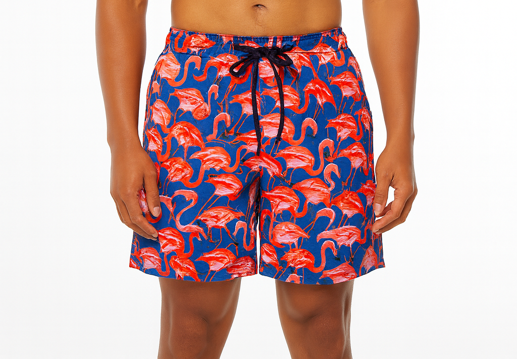 Mens Hawaiian Summer Board Shorts in Flamingo Frenzi Print - Red/Blue