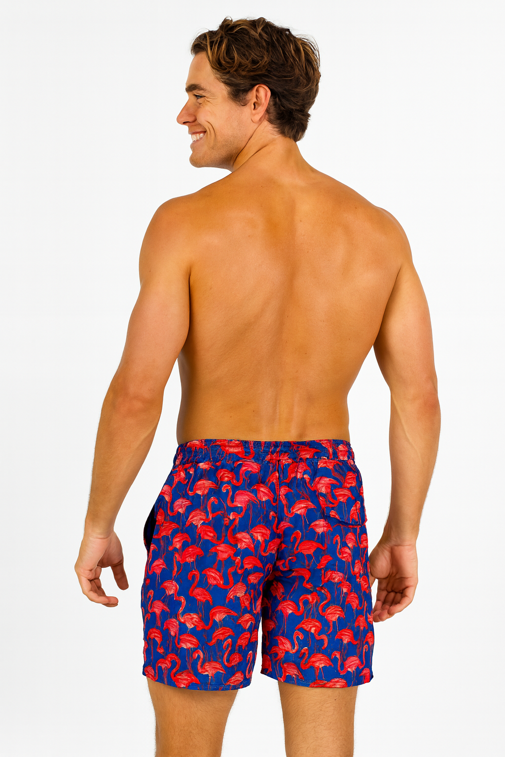 Mens Hawaiian Summer Board Shorts in Flamingo Frenzi Print - Red/Blue