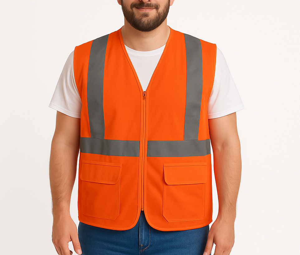 Mens Hi Vis Zip Thru Safety Vest w/ Reflective Tape Workwear in Fluro Orange