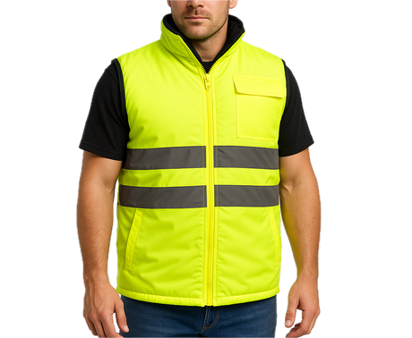 Mens Reversible High Visibility Zip Thru Vest Workwear Jacket in Fluro Yellow