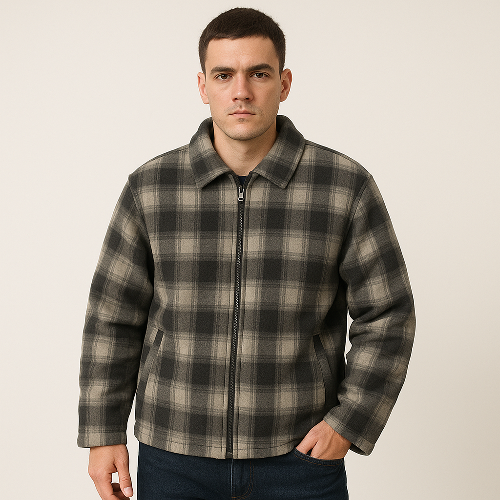 Mens Fur Lined Zip Jacket Polar Fleece w/ Quilted Sleeves in Black/Charcoal