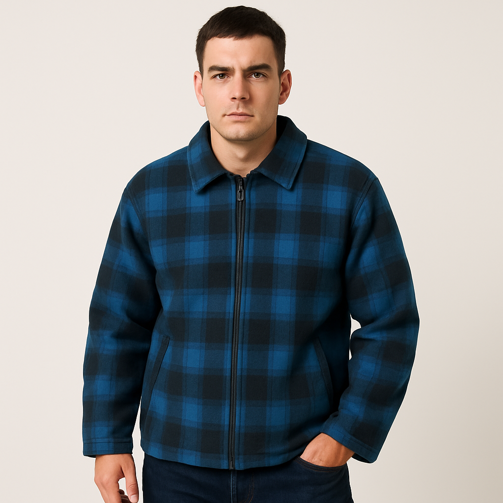 Mens Fur Lined Zip Jacket Polar Fleece w/ Quilted Sleeves Warm Winter in Blue/Black