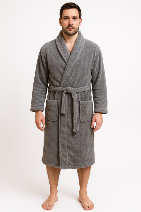 Mens Soft Coral Fleece Dressing Gown Bath Robe Warm Winter in Grey