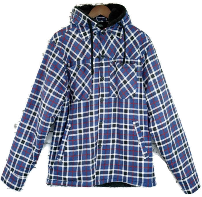 Mens Sherpa Fur Fleece Flannelette Jacket w Hood Warm Winter Button Up Cotton - Blue/White/Black