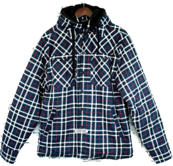 Mens Sherpa Fur Fleece Flannelette Jacket w Hood Warm Winter Button Up Cotton