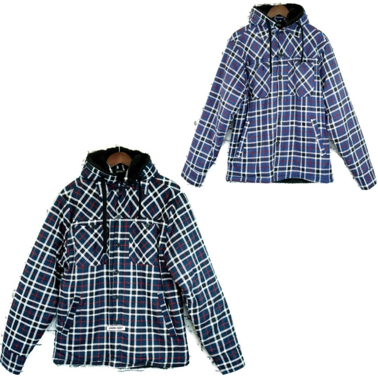 Mens Sherpa Fur Fleece Flannelette Jacket w Hood Warm Winter Button Up Cotton - Blue/White/Black