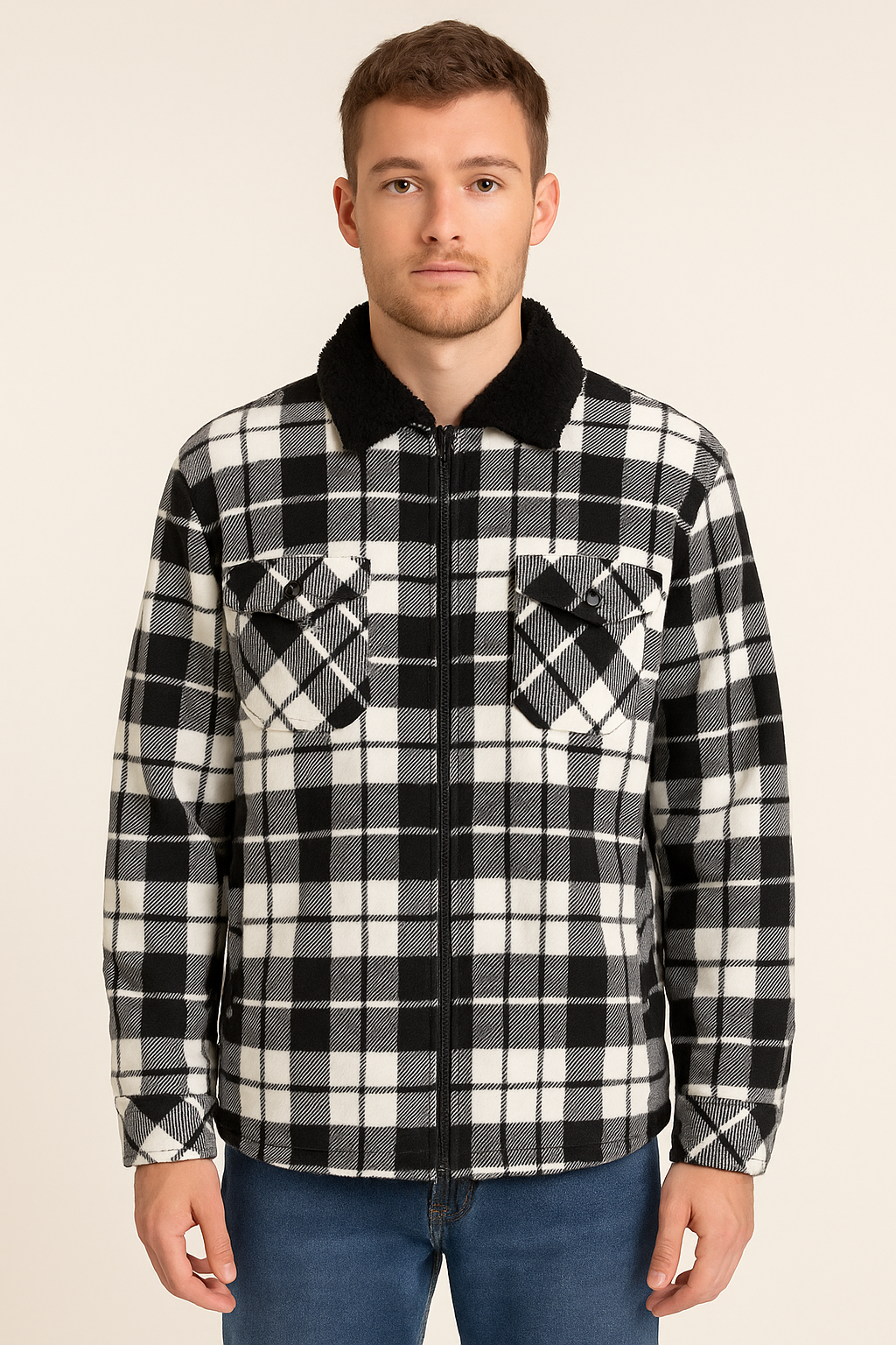 Mens Fur Sherpa Lined Check Shacket Jacket Shirt Fleece Lined in Black/Grey