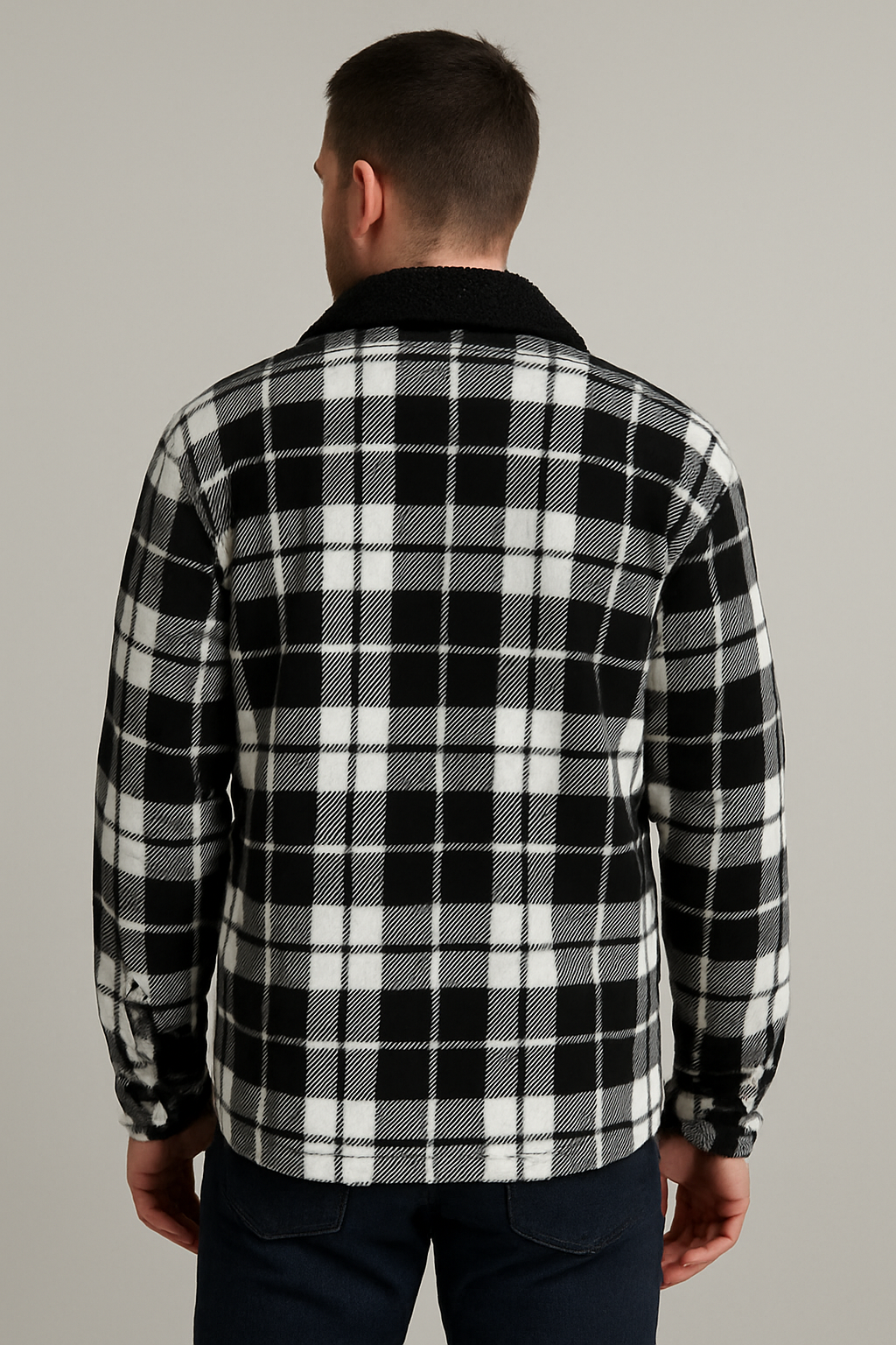 Mens Fur Sherpa Lined Check Shacket Jacket Shirt Fleece Lined in Black/Grey