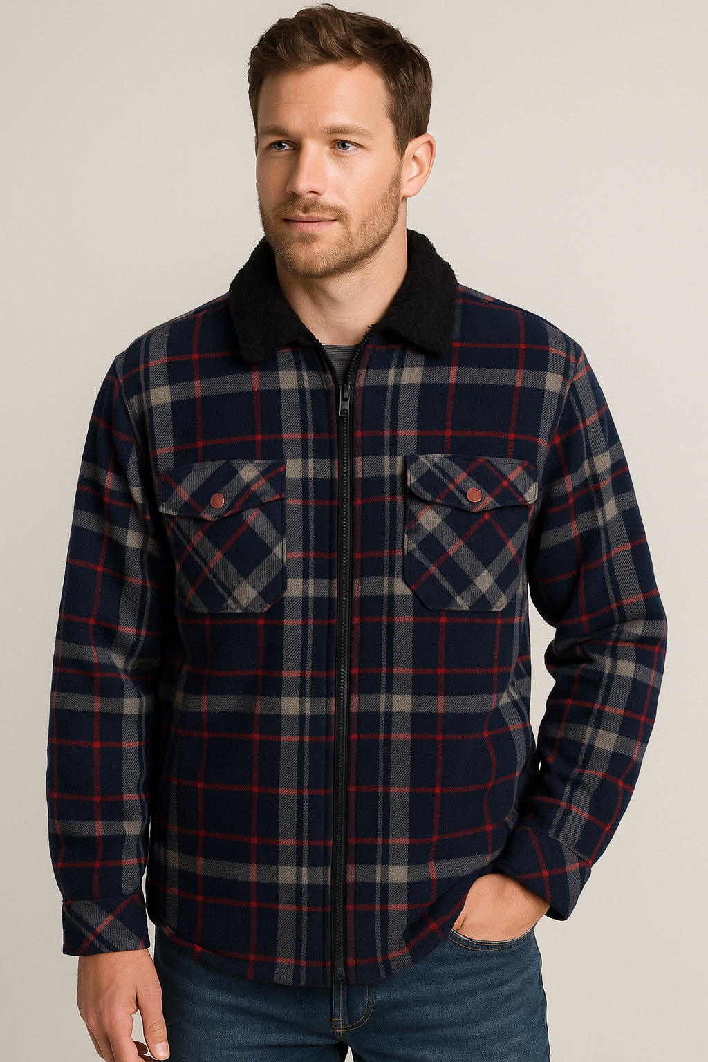 Mens Fur Sherpa Lined Check Shacket Jacket Shirt Fleece Lined in Blue/Red