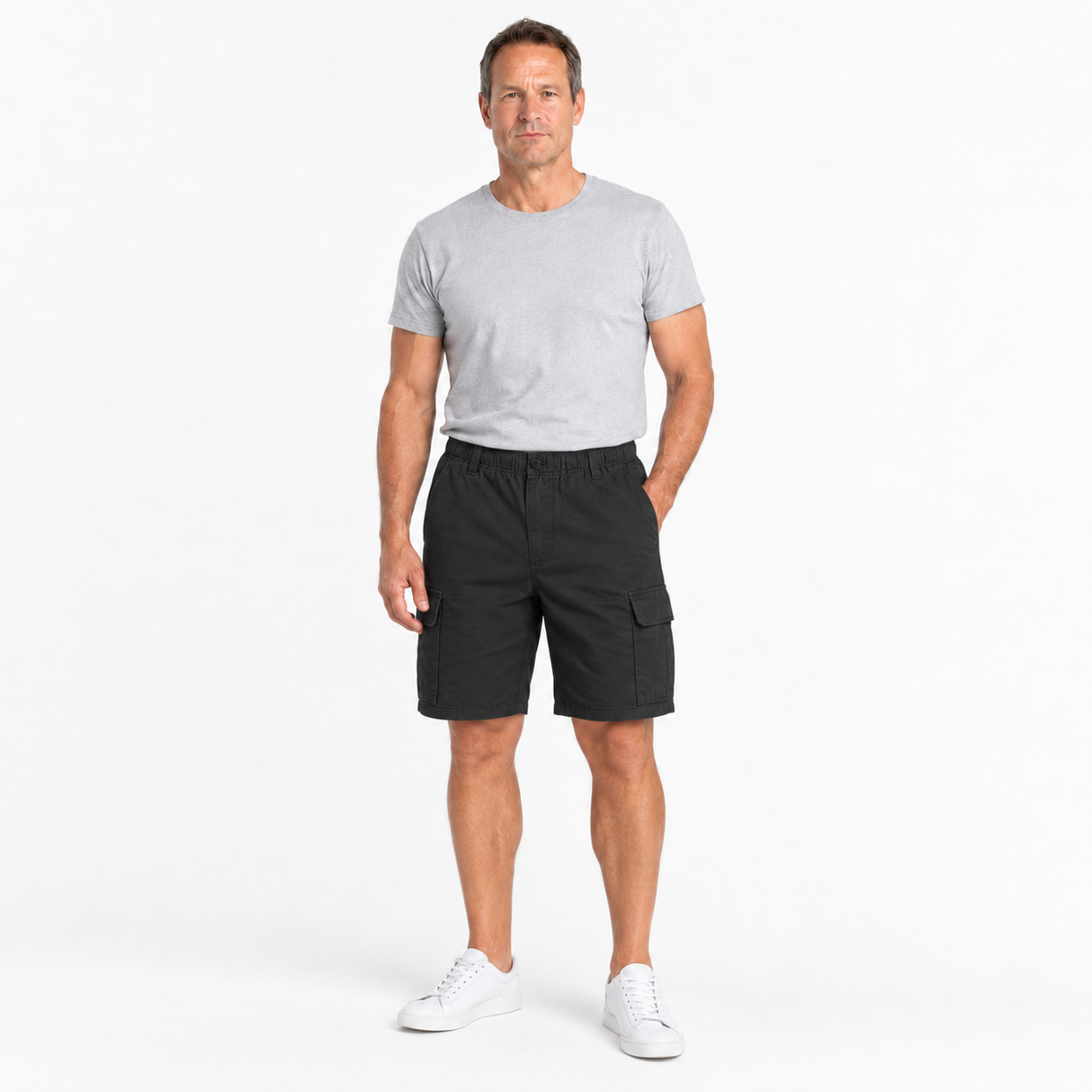 Mens 100% Cotton Plain Cargo Shorts - Black (Elastic Waist w/ Pockets)