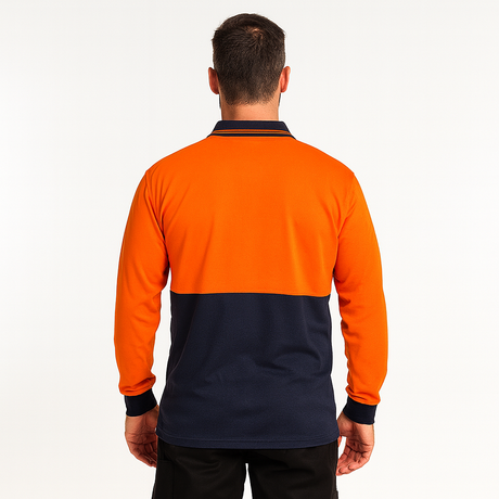 Mens Hi Vis Long Sleeve Polo Shirt Safety Workwear in Orange/Navy