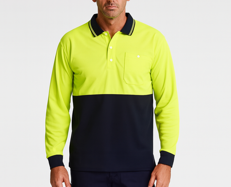Mens Hi Vis Long Sleeve Polo Shirt Safety Workwear in Yellow/Navy