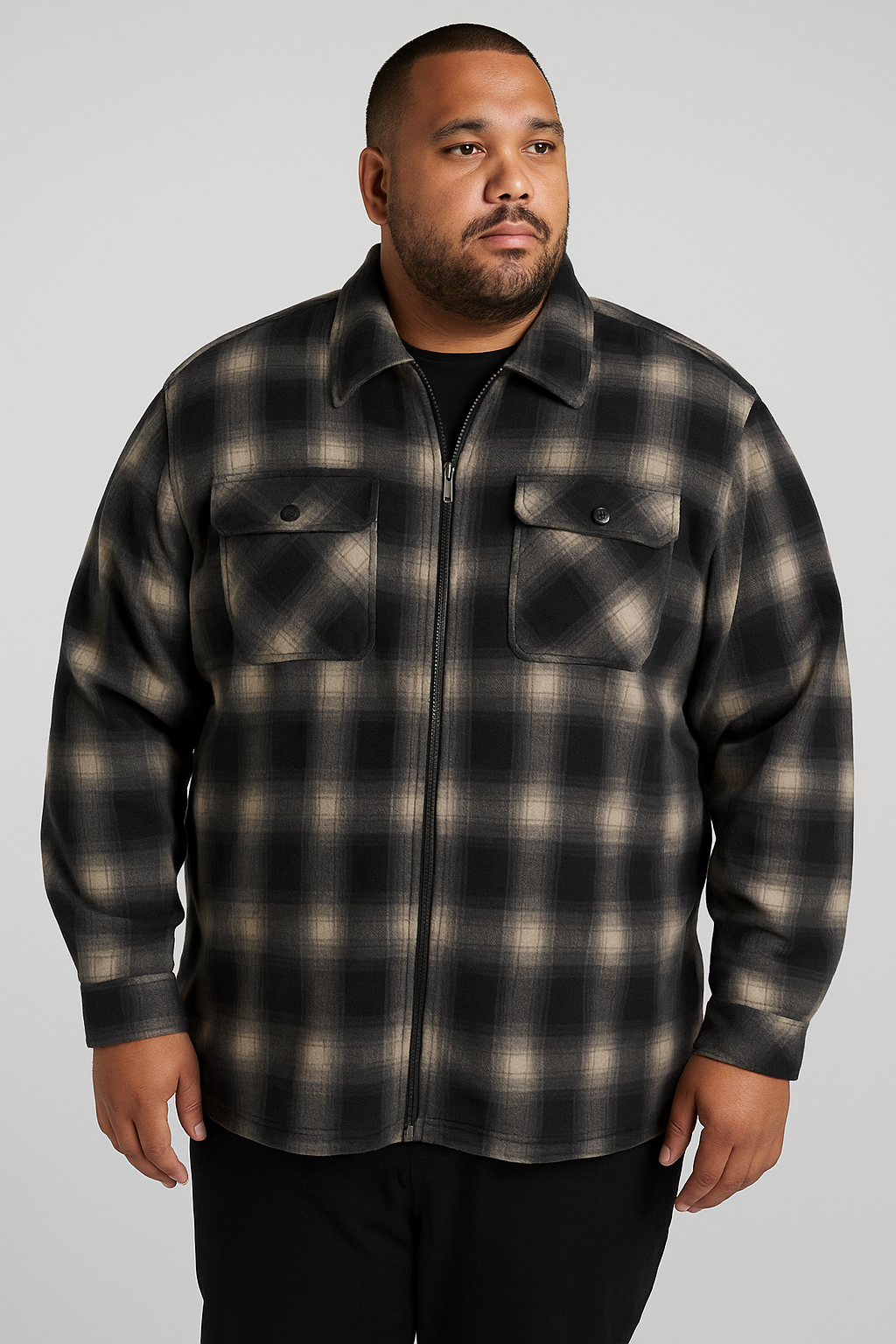 Mens King Plus Size Zip Thru Polar Fleece Shirt Jacket in Black/Charcoal