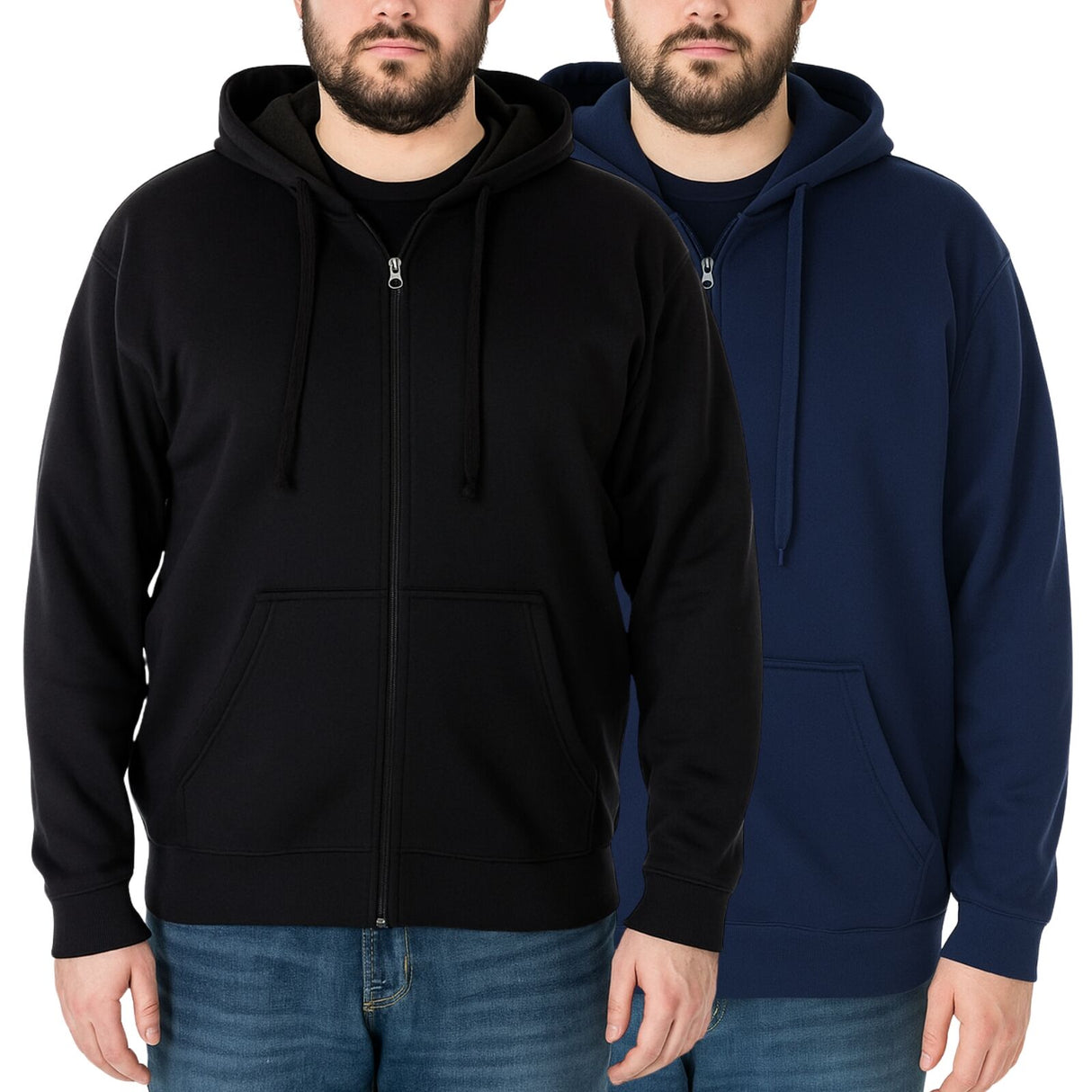 Mens PLUS SIZE ZIP HOODIE Plain Winter Fleece Jumper Sweatshirt Pockets - Black