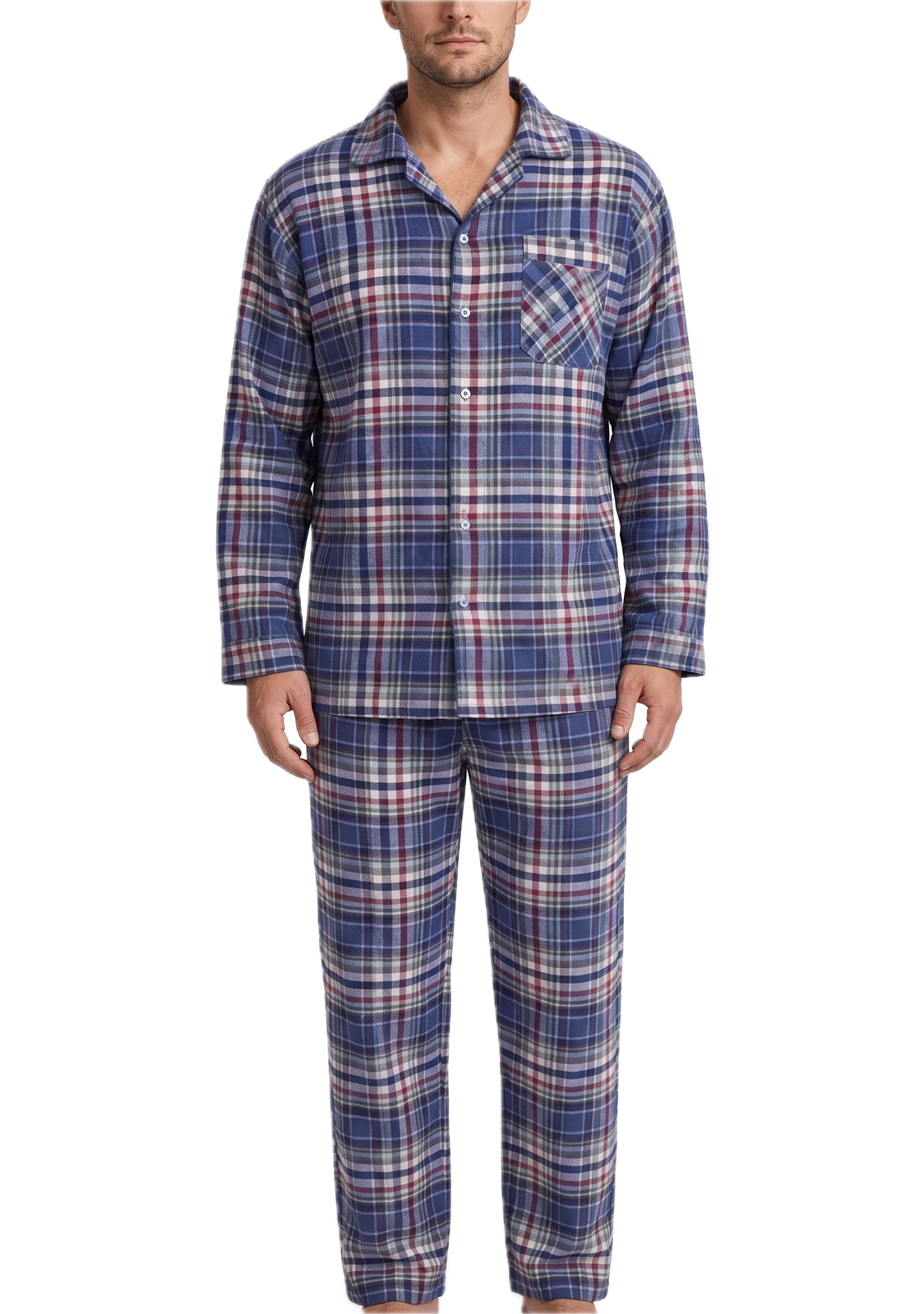 Mens 100% Cotton Flannelette Pyjama Set - Blue Check (Two Piece Soft PJs)