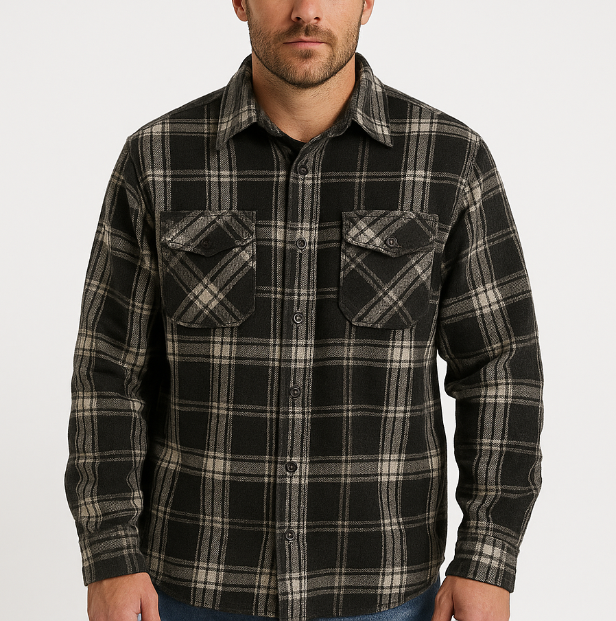 Mens Woven Button Up Long Sleeve Flannelette Shirt in Black Check